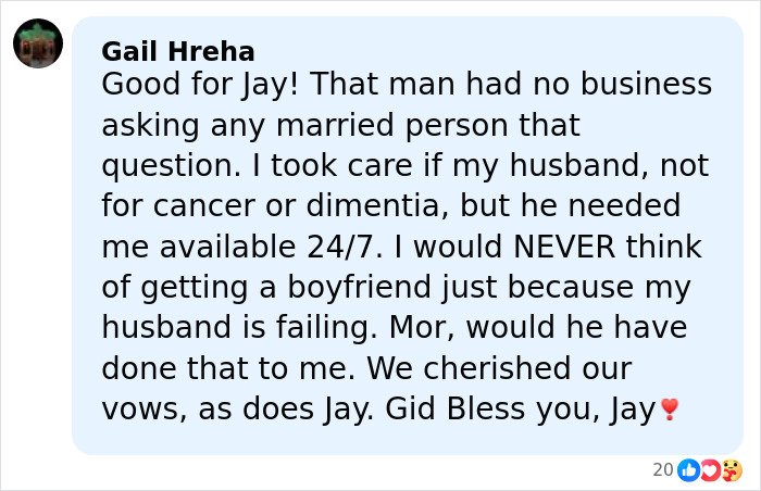 Comment praising Jay Leno for loyalty amid wife’s dementia, reflecting on challenges of caregiving and marriage vows.