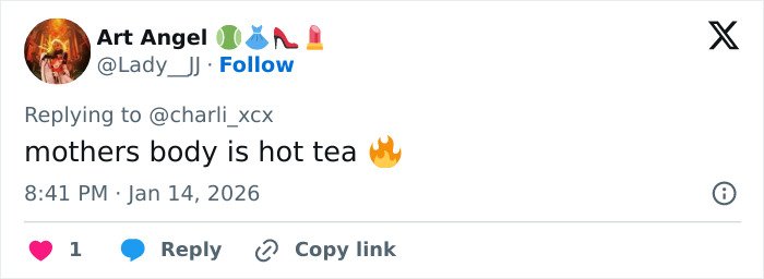 Social media comment praising Charli XCX's racy braless photo dump, calling her body hot and fiery.