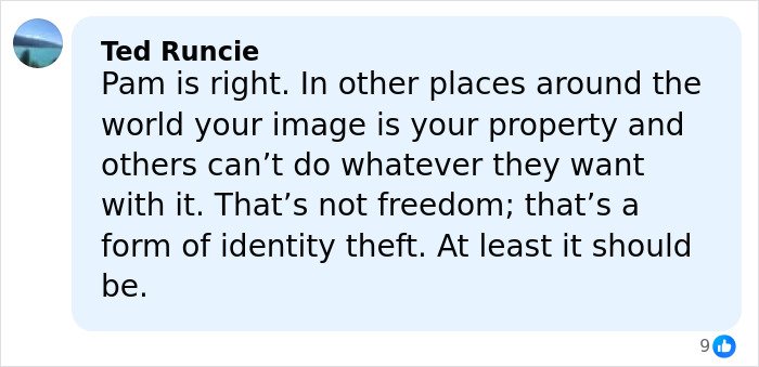 Comment by Ted Runcie discussing Pamela Anderson&rsquo;s views on image rights and identity theft concerns.