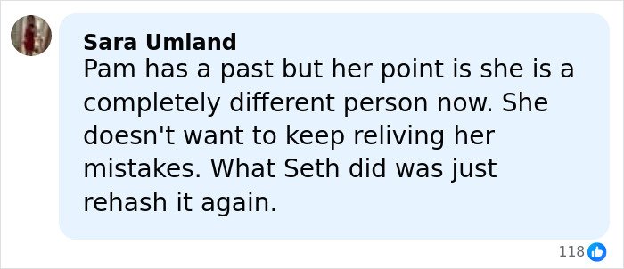 Comment by Sara Umland discussing Pamela Anderson's desire for an apology from Seth Rogen after a negative Golden Globes experience.