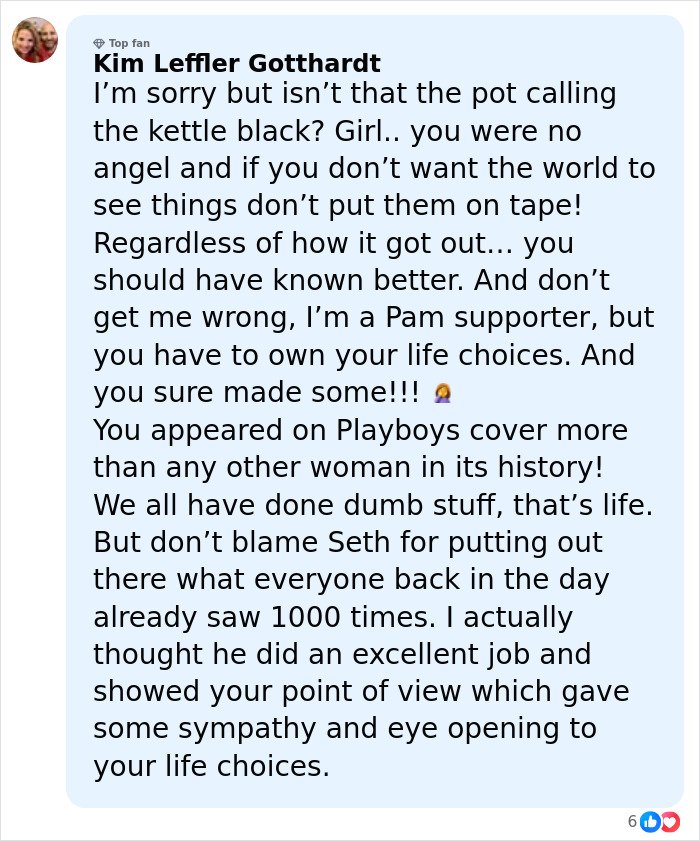 Commenter Kim Leffler Gotthardt expressing mixed views on Pamela Anderson&rsquo;s life choices and Seth Rogen&rsquo;s role in the Golden Globes incident.