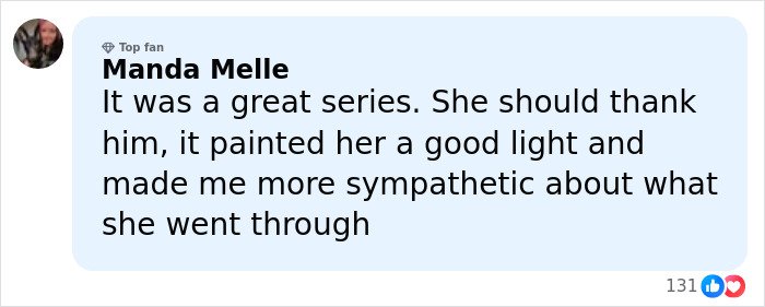 Comment from Manda Melle about Pamela Anderson&rsquo;s experience, expressing sympathy and appreciation for the series portrayal.