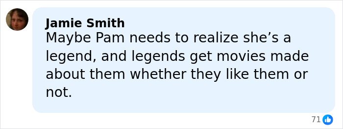 Commenter Jamie Smith responding to Pamela Anderson, discussing her legacy and movie portrayals after the Golden Globes incident.