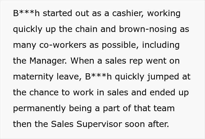 Text describing a coworker&rsquo;s rise from cashier to sales supervisor before the reckoning and revenge begins years later.