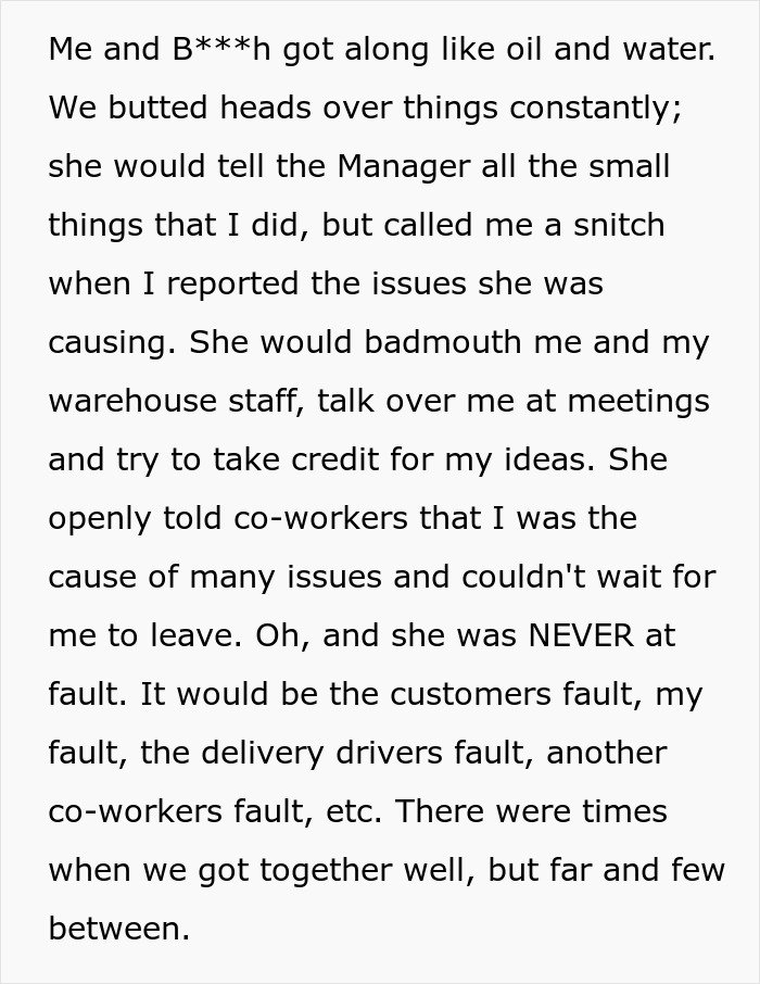 Text excerpt describing a coworker conflict leading to a man's eventual revenge after getting fired years prior.