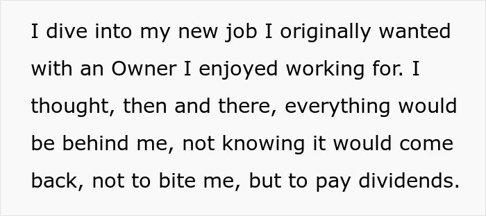 Text excerpt from a man reflecting on starting a new job after revenge on coworker who got him fired years prior.