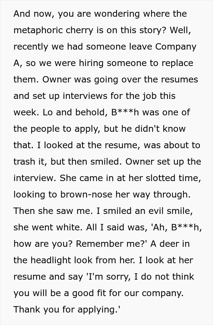 Text describing a man getting revenge on a coworker who got him fired years prior during a tense job interview.
