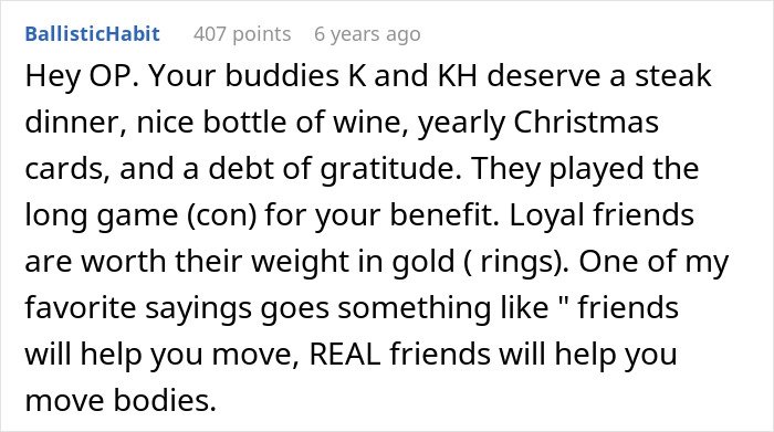 Reddit comment discussing loyal friends and revenge, related to man finally getting revenge on coworker who got him fired.