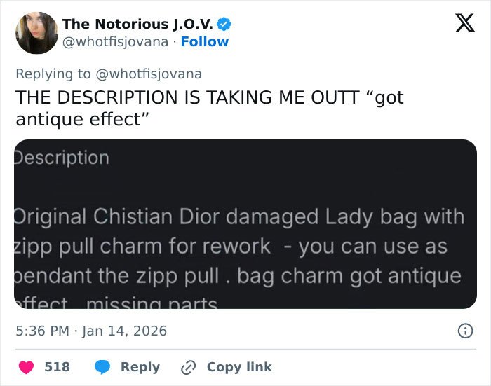Screenshot of viral unhinged Vinted listing describing a damaged Dior handbag with an antique effect charm.