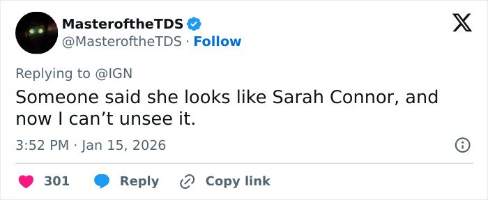 Tweet from MasteroftheTDS commenting on Sophie Turner&rsquo;s ripped Lara Croft transformation sparking mixed reactions for Tomb Raider.