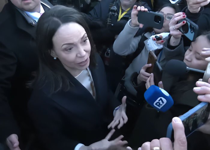 Nobel Committee member addressing reporters amid media crowd, phones, and microphones during press interaction.