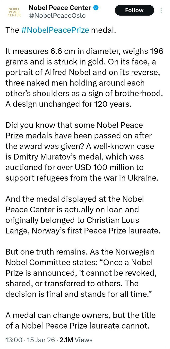 Nobel Committee clarifies rules on Nobel Peace Prize medal ownership and title transfer following Peace Prize recipient's gift to Trump.