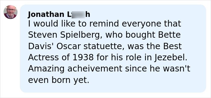 Comment by Jonathan L, shown in a blue text bubble discussing Steven Spielberg and Oscar statuette achievements.