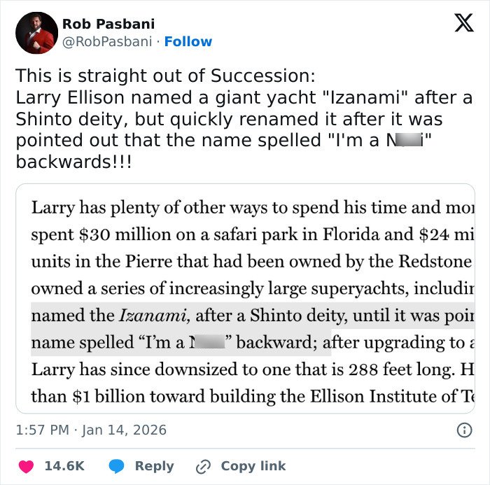 Tweet discussing a billionaire forced to change the name of his boat after people realized what it spells backwards.