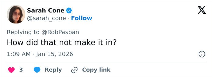 Tweet by Sarah Cone replying to Rob Pasbani questioning why something was not included in a post about a billionaire's boat name.