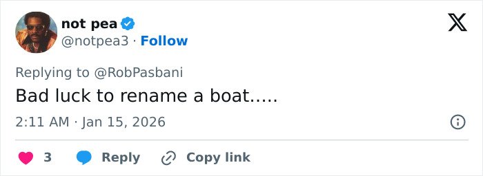 Tweet showing user sarcastically commenting on a billionaire forced to change the name of his boat after realizing what it spells backwards.