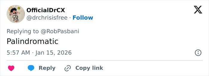 Screenshot of a tweet replying with the word palindromatic discussing a boat name spelled backwards issue.
