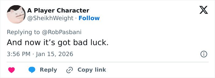 Tweet from user A Player Character replying about bad luck related to billionaire&rsquo;s boat name change after backward spelling found.