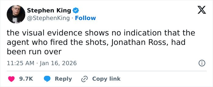 Stephen King tweet about ICE agent Jonathan Ross sparks backlash over controversial post in 2026.