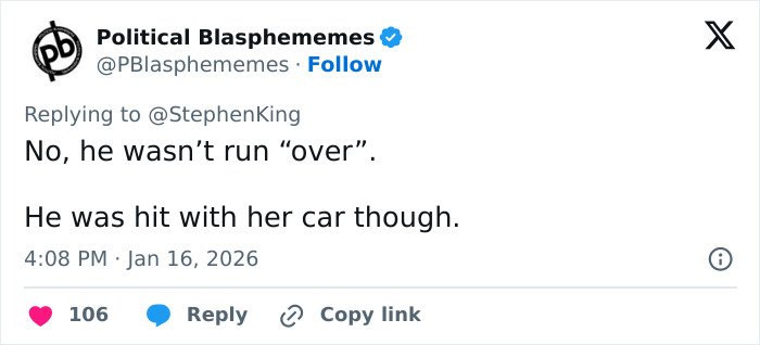 Twitter reply to Stephen King&rsquo;s post about ICE agent Jonathan Ross, sparking backlash over controversial comments.