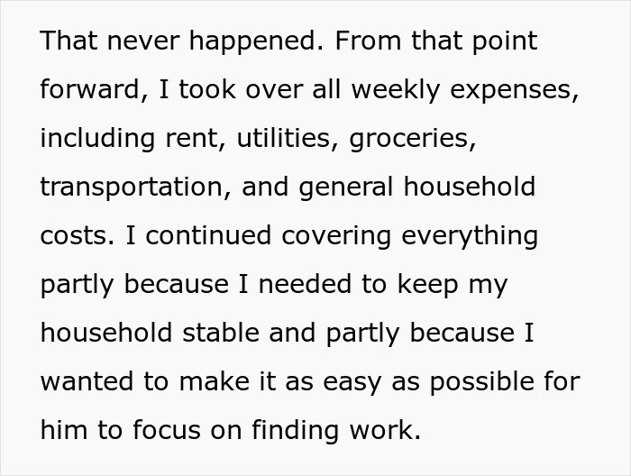 Text excerpt explaining a woman’s financial support while her ex handles the dog and shelter threats in a relationship.