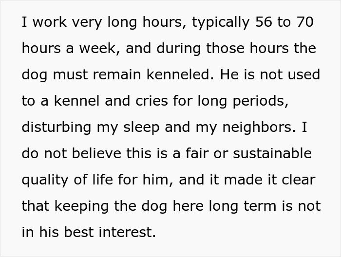 Text excerpt explaining a woman’s struggle to handle her ex’s dog and the impact on her life and neighbors.