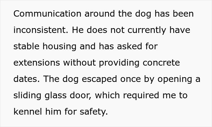 Woman struggles to care for ex's dog, threatening shelter due to inconsistent communication and safety concerns.