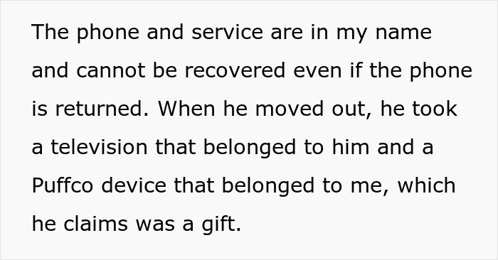 Text excerpt about phone, television, and Puffco device ownership dispute after moving out.