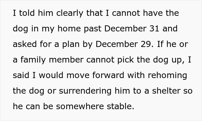 Text showing a woman threatening to take ex’s dog to a shelter if no plan is made for the dog’s care by December 29.