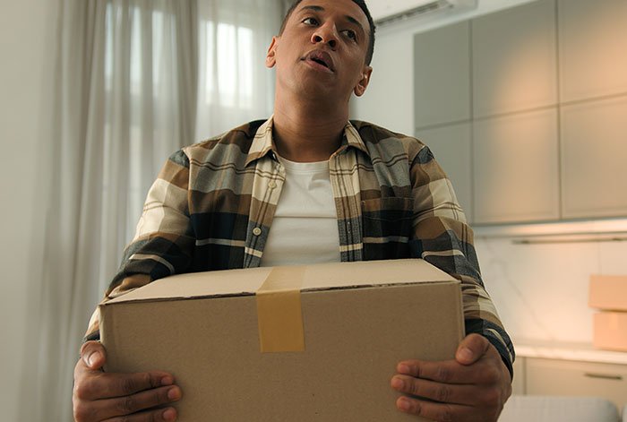 Man in a plaid shirt holding a cardboard box, appearing frustrated, related to ex’s dog and shelter threat situation.
