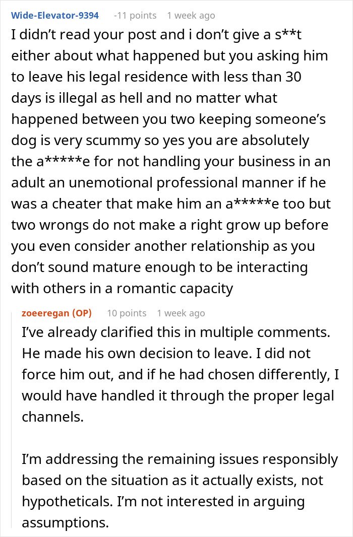 Online discussion showing woman unable to handle ex’s dog, threatening to take it to shelter, with ex not intervening.