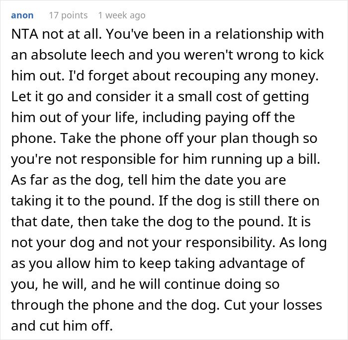 Comment advising woman to take ex’s dog to shelter if he does nothing, highlighting dog responsibility issues.