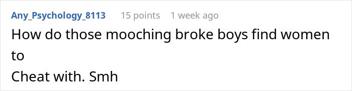 Comment text on a social media post expressing frustration about relationships involving women and broke men cheating.