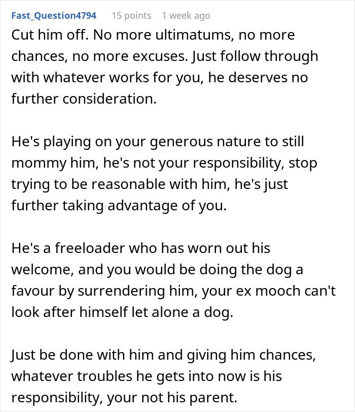 Comment advising to stop enabling ex and consider sheltering dog, highlighting ex’s irresponsibility and freeloading behavior.