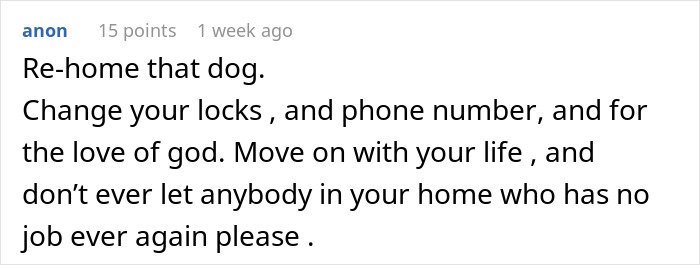 Comment discussing re-homing an ex’s dog and advice on moving on and changing personal details for safety.