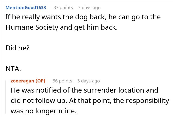 Comments discussing a woman unable to handle ex’s dog and the ex’s lack of action after being notified.