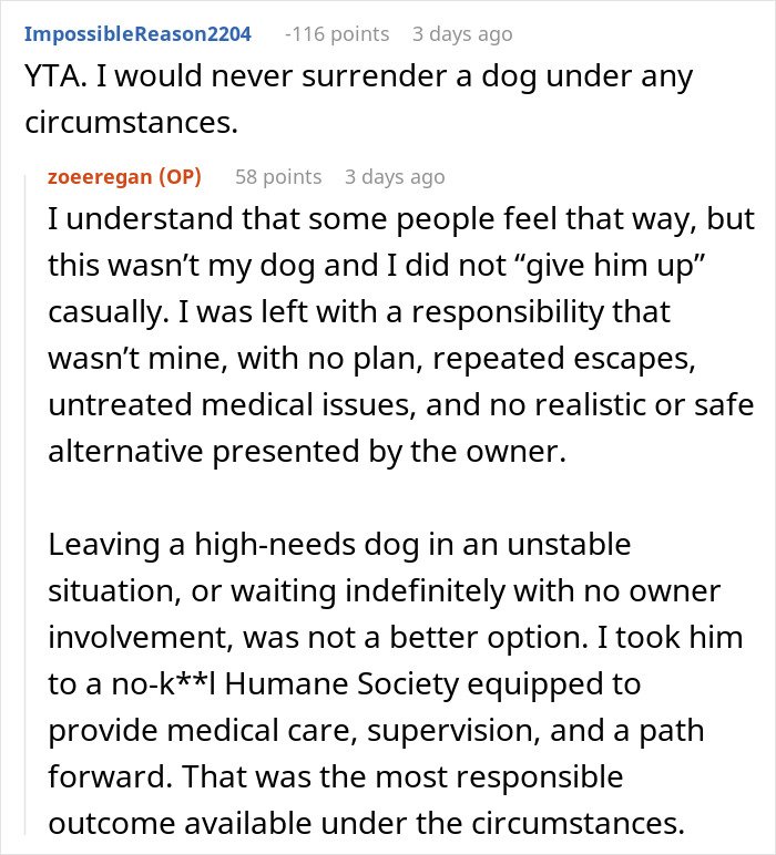 Reddit discussion showing a woman explaining why she took ex’s dog to a shelter amid medical issues and no owner support.