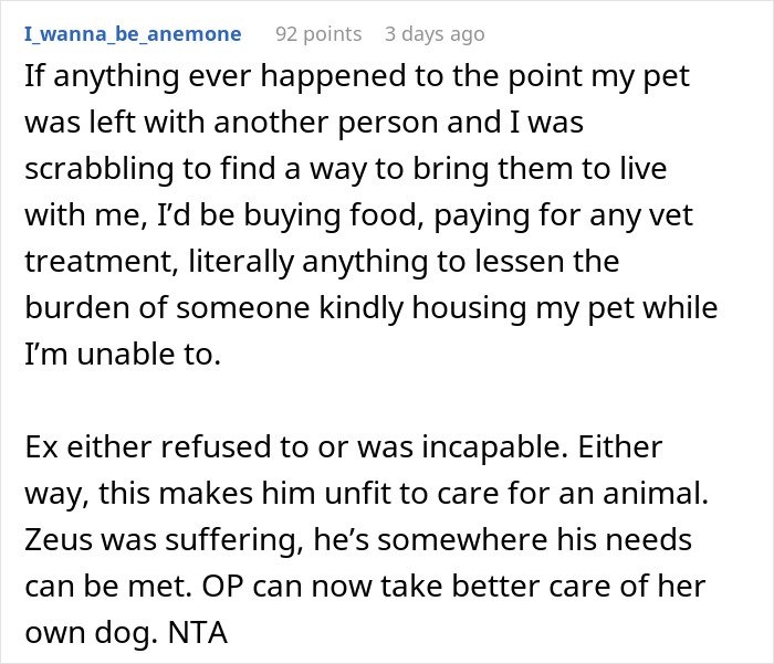 Woman struggles to care for ex’s dog, threatens shelter, while ex fails to take responsibility or action.