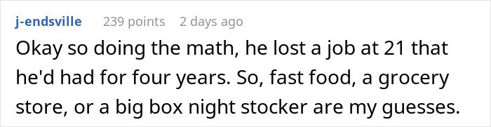 Comment discussing job loss and possible new jobs like fast food or grocery stocker after age 21 in online forum.