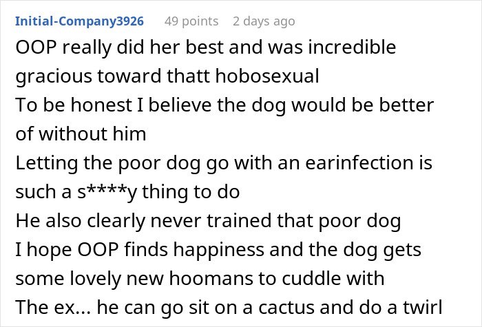 Screenshot of a Reddit comment discussing a woman struggling with her ex’s dog and concerns about the dog’s well-being.