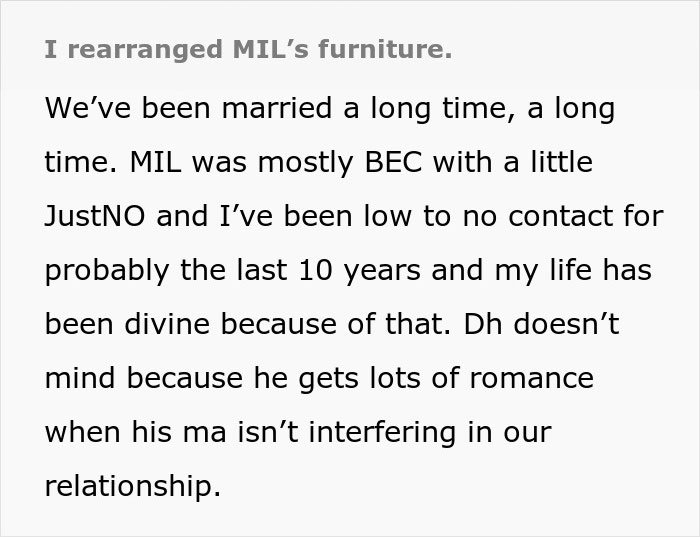 Text excerpt discussing MIL and DIL relationship with mention of rearranged MIL’s furniture and long-term low contact.
