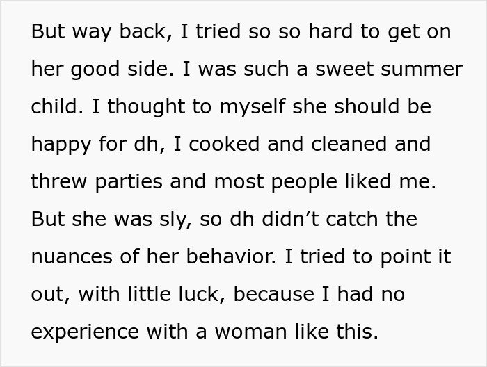 Text excerpt about difficulties with MIL's behavior, describing attempts to please and eventual realization of a long game MIL played.