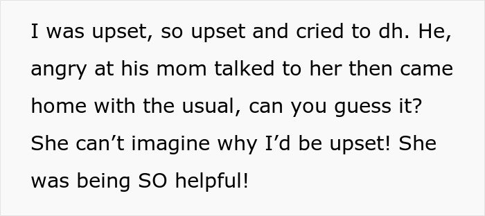 Text excerpt about MIL and DIL conflict, expressing upset feelings and frustration over MIL’s unhelpful behavior.