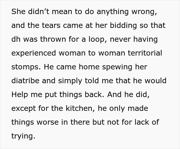 Text excerpt about a MIL and DIL conflict involving rearranged furniture and emotional reactions causing tension.