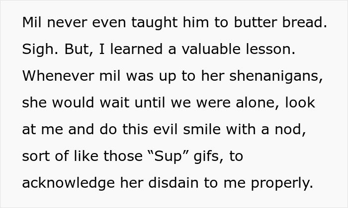 Text excerpt describing MIL’s disdain and subtle conflicts with DIL, highlighting rearranged MIL’s furniture as a long game tactic.