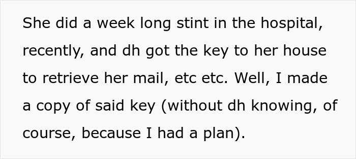Text excerpt describing a wife’s plan involving a copy of a key to play the long game against MIL.
