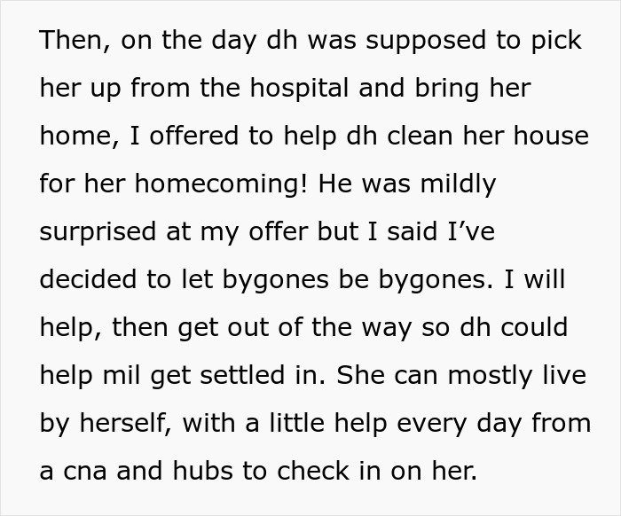 Text excerpt about helping MIL settle in, showing the long game of rearranging MIL’s furniture and family dynamics.