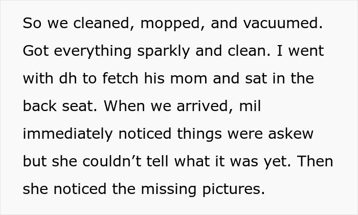 Text excerpt describing a family conflict where the daughter-in-law rearranged the mother-in-law’s furniture causing noticeable changes.