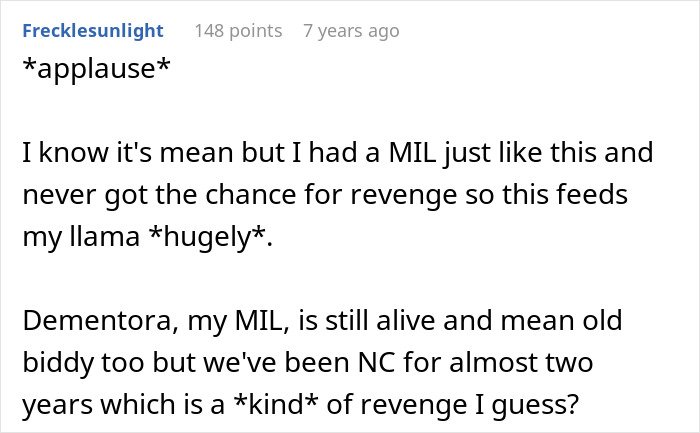 Comment praising a story about a MIL playing the long game by rearranging MIL’s furniture as clever revenge.