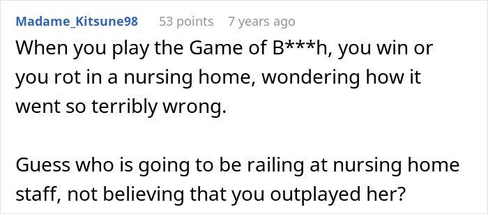 Reddit comment discussing MIL and DIL conflict, mentioning outplaying MIL and rearranging furniture as a long game strategy.